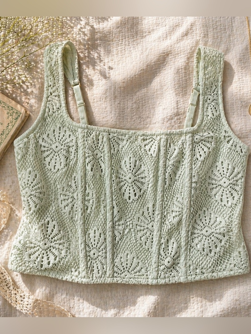 American Eagle Lace Corset Crop Top Mint Green Adjustable Straps
